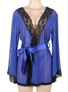 Accappatoio Corto Trasparente Blu Con Pizzo Nero Sexy - Foto 1 di 5