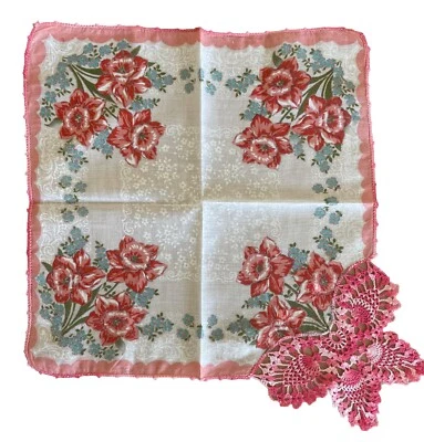 Pañuelo vintage pañuelo rosa y azul flores ganchillo mariposa y bordes Foto 1 de 4