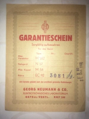  original Garantieschein für Kondensatormikrofon M582 Neumann  - Bild 1 von 2