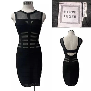 HERVE LEGER RAYON & SPANDEX BODYCON BLACK + SHEER MESH PANEL DRESS M-L - Picture 1 of 15