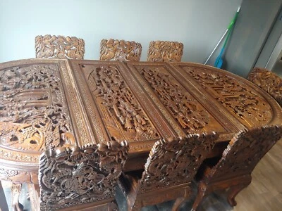 Beautiful dining table with 8 chairs. Engraved table top and engraved chairs - Image 1 of 4