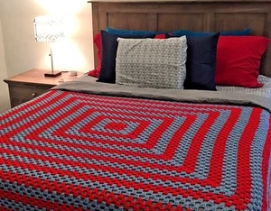 Blue Red Handmade Crocheted Cotton Blend Throw Full Qu Bedspread 85" x 85" #372 - Picture 1 of 5