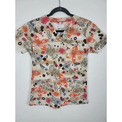 White Cross Medical Scrub Top XS Womens Tan Orange Butterfly Print Short Sleeve - Image 1 of 4