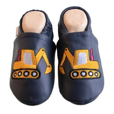 Liya's Lederpuschen Krabbelschuhe Hausschuhe - #589 Bagger in dunkelblau