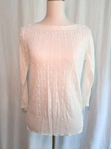 J. Rundhals Gr. S Pullover Zopfmuster weiter Knopfleiste Halbarm 100% Leinen elfenbein - Bild 1 von 10
