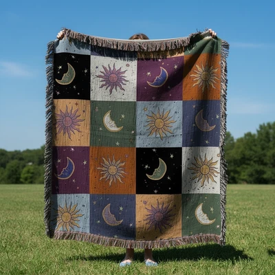 Vintage Boho Sun and Moon Woven Blanket Cozy Bohemian Home Decor Gift - Image 1 of 4