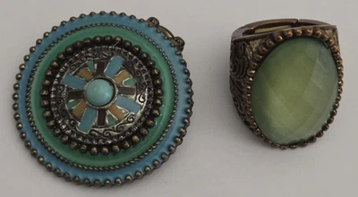 Juego de 2 Anillos Elásticos Boho - Piedras Vintage Latón y Cobre, Verde y Turquesa Foto 1 de 4