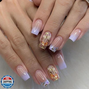 Prensa de mariposa en uñas uñas cuadradas medianas uñas postizas uñas moradas prensa con - Imagen 1 de 5