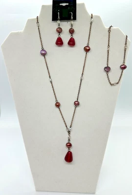 Premier Designs Raspberry Necklace Earrings Bracelet Pink Beaded Copper Plated - Image 1 of 4