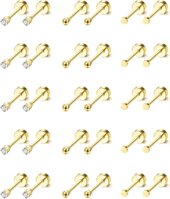 15 Pairs Tiny Surgical Steel Gold Stud Earrings, Comfortable Screw Back Flat Bac - Image 1 of 4