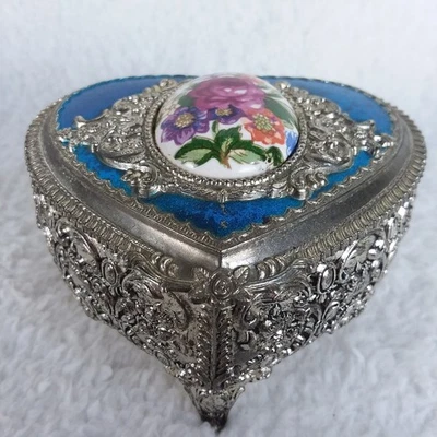 Vintage Heart Trinket Box Floral Enamel Metal Jewelry Keepsake Victorian Japan - Image 1 of 4