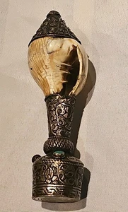 Vintage Tibetan Silver Blowing Old Conch Shell Trumpet Horn Antique Buddhist F/s - Picture 1 of 15