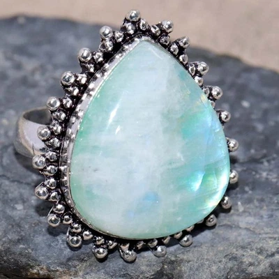 Anel folheado a prata 925 Green Flash Moonstone EUA 7,5 presente para Bestie JW - Imagem 1 de 3