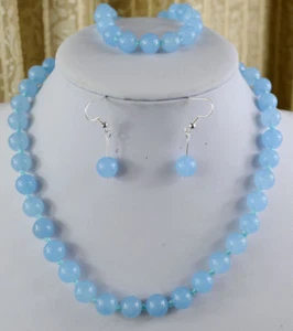 10mm Natural Blue Aquamarine Gemstone Necklace Bracelet Earring Set 18" A12 - Picture 1 of 1