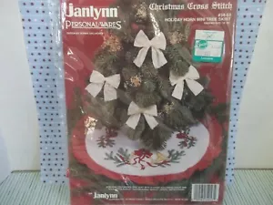 Vtg. Janlynn MINI Christmas Tree Skirt~ Cross Stitch~GOLD HORNS,PINE,RED RIBBON- - Picture 1 of 6
