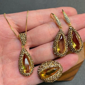Faceted Zircon Crystal Gemstone Inlay Earrings + Ring + Pendant Necklace Set AAA - Picture 1 of 31