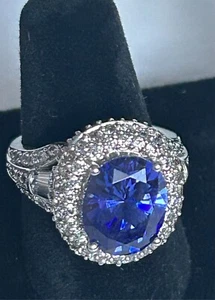 925 Sterling Silver Oval Halo Tanzanite Ring, Size 7 - Picture 1 of 6
