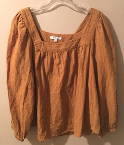 MADEWELL Women's Square Neck Bubble Sleeve Top in Plaid Sz L Mustard Yellow Fall - Picture 1 of 5