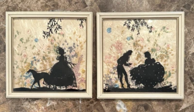 Juego de 2 obras de arte vintage de silueta inversa pintadas a mano Fisher Milkweed años 30 Foto 1 de 4