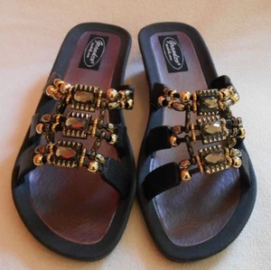 GRANDCO SANDALS Black Beach Pool SLIDE Wedge Beaded Jeweled DRESSY Flip Flops - Bild 1 von 2