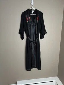 DELICATES Robe Nightgown Set Lingerie Satin Sheer Black Size S Rose Embroidered  - Picture 1 of 6