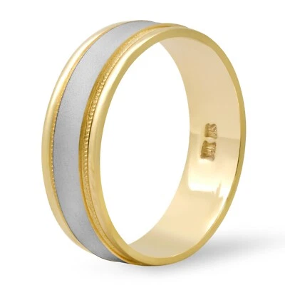 14K Multi Tone Gold Wedding Band 6MM Ring Satin Brushed Beaded Milgrain Size 7 - Image 1 of 4