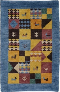 Gabbeh Teppich Orient Perser Rug Loribaft Blau Schurwolle Patchwork Design Boho - Picture 1 of 1