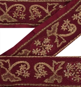 Sanskriti Vintage Sari Border Hand Beaded Craft 1Yd Trims 2.5"W Zardozi Maroon - Picture 1 of 6
