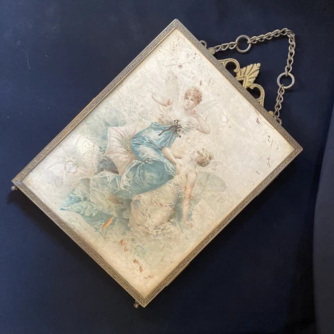 Antique VICTORIAN-Edwardian Tri-Fold Travel Vanity Bevel Mirror Brass Hang-Stand Cover