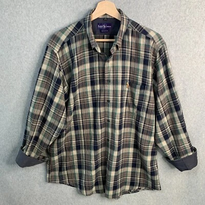 Ralph Lauren Purple Label Shirt 17 33/34 Brown Plaid Embroidered Pony Logo - Image 1 of 4