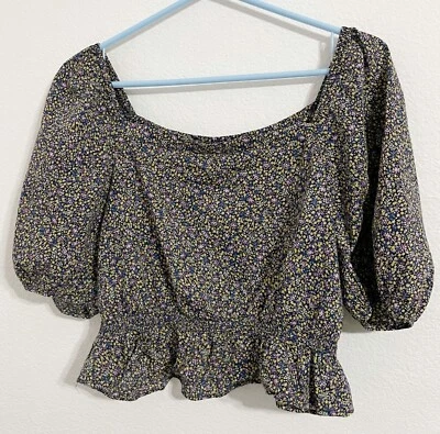 Blusa corta floral azul y amarilla de manga corta Uniqlo, grande para mujer Foto 1 de 4