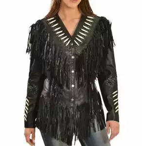 Damen Echtleder Western Style Lederjacke mit Fransen & Perlenarbeit - schwarz - Bild 1 von 4