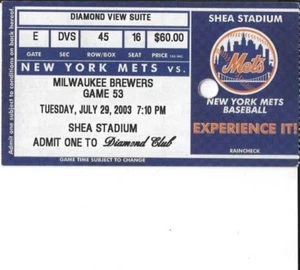 New York Mets - 29/07/2003 vs Milwaukee Brewers - Boleto de juego Shea Stadium - Imagen 1 de 2