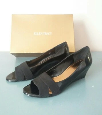 ZAPATOS MUJER ELLEN TRACY CUERO PATENA NEGRO TACÓN CUÑA Y SUELA DE CUERO TALLA 8.5 Foto 1 de 4