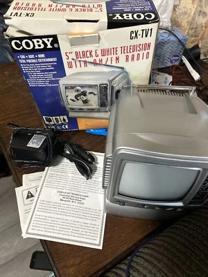 1 x Coby CX-TV1 5" Black/White CRT Television - Complete in Box - FM/AM Radio - Image 1 of 4