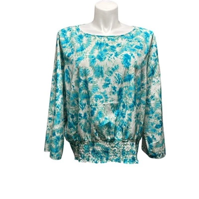 Camisa pulóver elástica Michael Kors Plus 3X Top verde azulado floral manga larga para mujer Foto 1 de 4