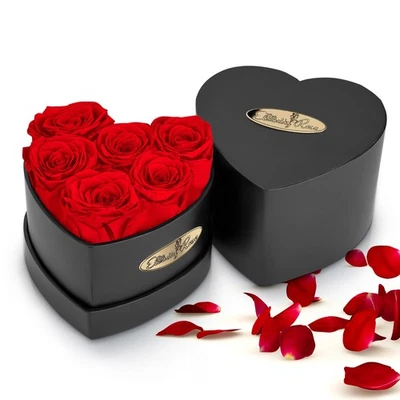 6 peças rosas preservadas em uma caixa de presente de luxo - rosas reais em caixa de coração preto... - Imagem 1 de 4