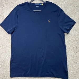 POLO RL MEN XL CUSTOM SLIM FIT  V-NECK T-SHIRT NAVY BLUE MULTICOLOR PONY NEW - Picture 1 of 8