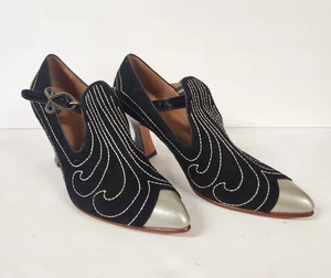 John Fluevog Poser Somani Black Silver Buckle Heels Shoes Women's Size 9.5 - Picture 1 of 18