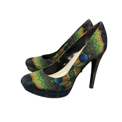 Nine West Unique Peacock Print High Heel Stiletto Pump Size 5 Colorful Round Toe - Image 1 of 4