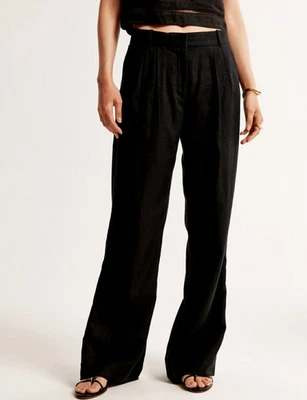 Calça feminina preta nova com etiquetas Abercrombie & Fitch mistura de linho perna larga tamanho. 27 4 Long - Imagem 1 de 4