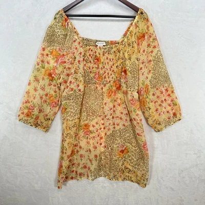 Camisa Monroe & Main Mujer 1X Amarilla Floral Estampado Leopardo Calada Boho Túnica Y2K Foto 1 de 4