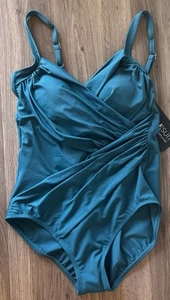 MIRACLESUIT Emerald Green 1 piece, V Neck Surplice Style Swimsuit Sz 14 NWT - Picture 1 of 17