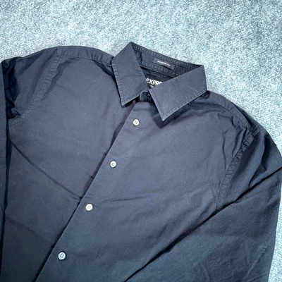 Express 衬衫男式 M 15-15.5 黑色现代版型纽扣长袖弹力 — 第 1/4 张图片