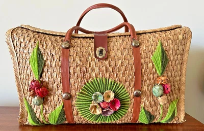 Vtg 1960/70s Straw Bag Woven Floral Raffia Tote Beach Retro Mexico - Image 1 of 4