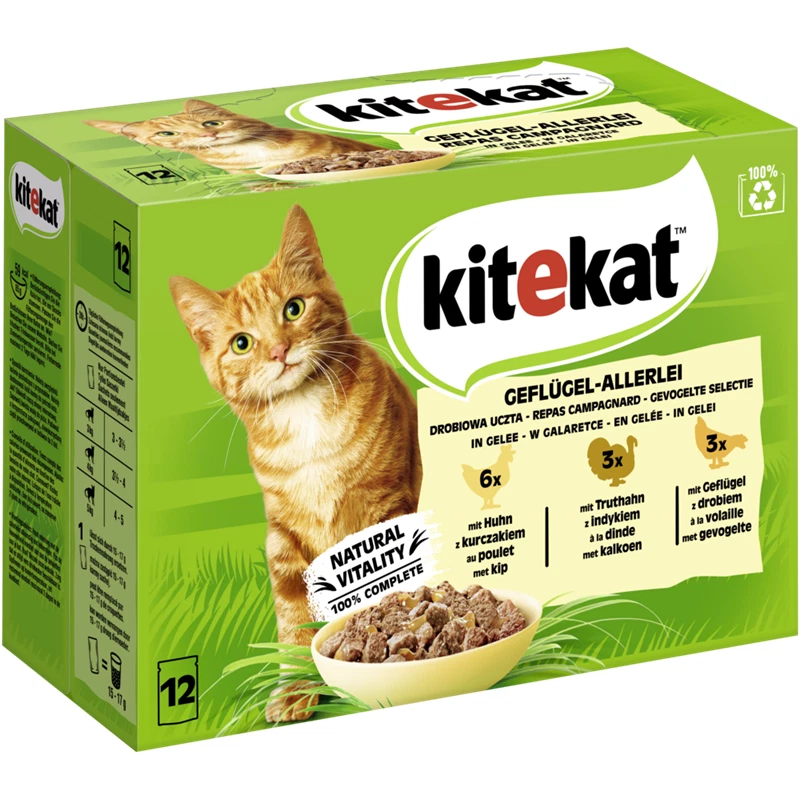 12x85 g KITEKAT Nassfutter mit Huhn Pute Geflügel in Gelee adulte Katzen
