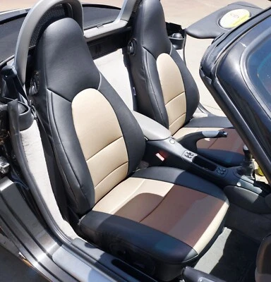 PORSCHE BOXSTER 911 996 986 1997-04 BLACK/BEIGE S.LEATHER CUSTOM FIT SEAT COVERS - Image 1 of 4