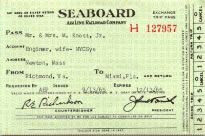 Seaboard Air Line Railway Ticket Stub - 1965 - Richmond VA to Miami Florida - Image 1 of 2