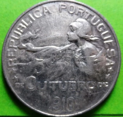  PORTUGAL  1 Escudo 1910 5 de outubro  Silver - Image 1 of 2