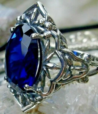 Sapphire Ring, Gothic Swirl 6ct Oval Gem Sterling Silver Ring (Custom-Made)* D98 - Image 1 of 4